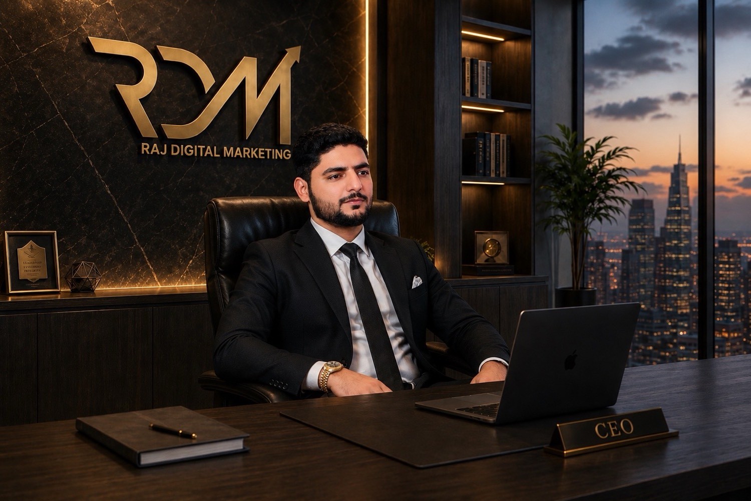 Qasim Shabir at the Raj Digital office overlooking the Dubai skyline